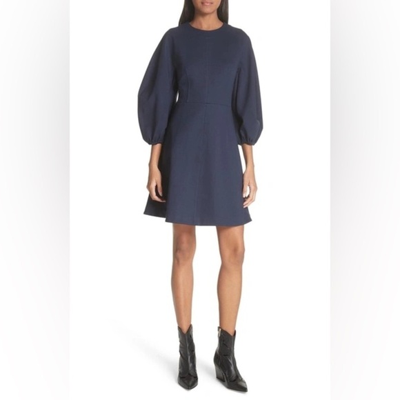 Tibi/ Bond Stretch Sculpted Button-Back Mini Dress navy blue long sleeve 2 - Picture 5 of 11